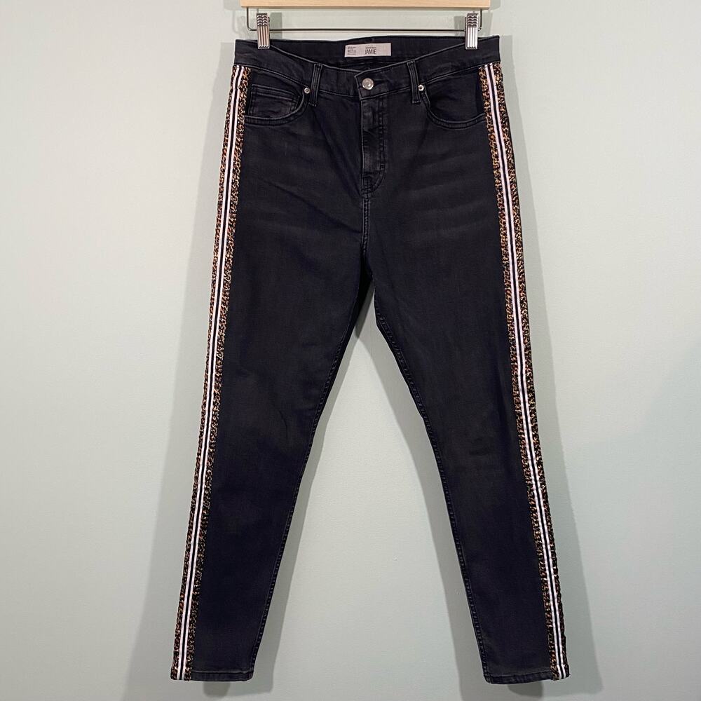 Topshop Women's Black Moto Leopard Tuxedo Striped Jamie Jeans Size W32